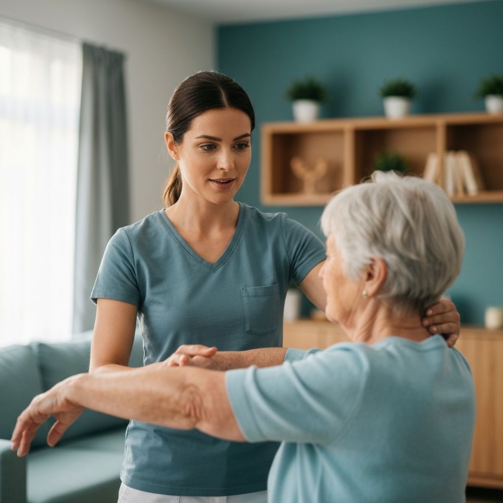 Professional physiotherapist helping patient at home